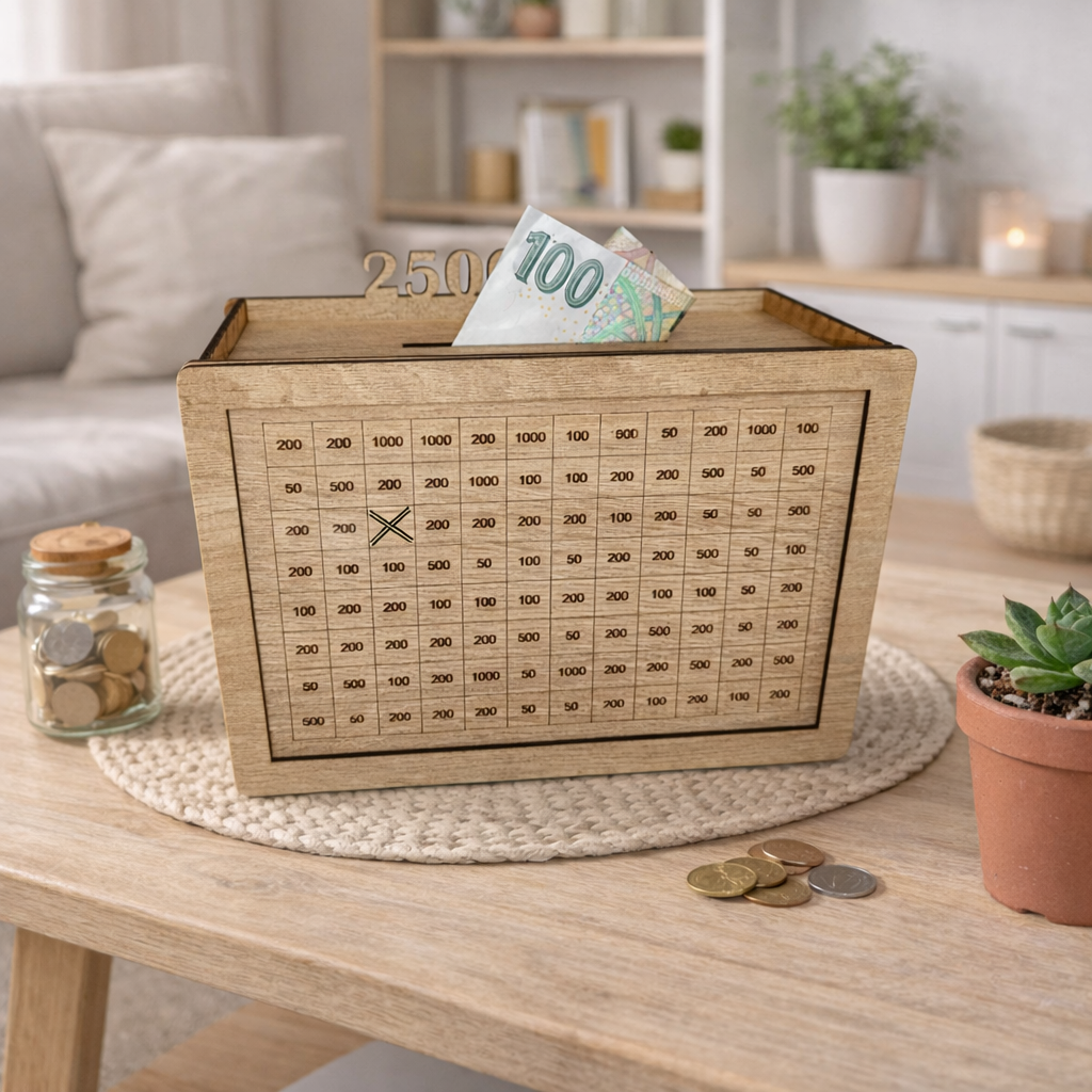 Vyškrtávacia drevená pokladnička
