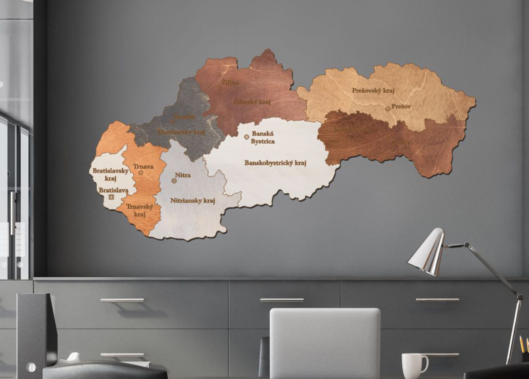 Drevená mapa Slovenska  –  Kraje od 50 cm