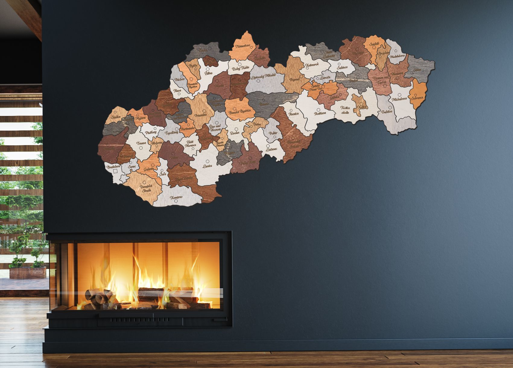 Drevená mapa Slovenska  –  Okresy od 75 cm