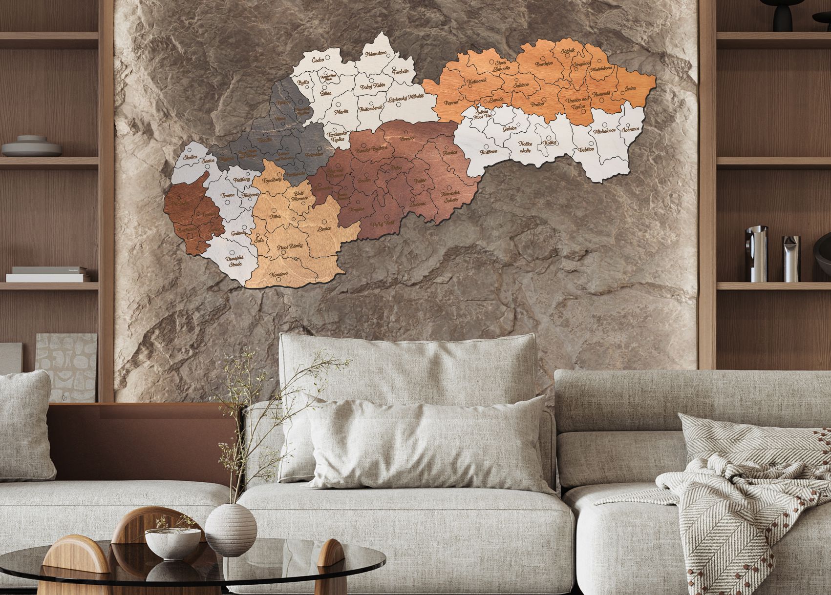 Drevená mapa Slovenska – Farebné kraje s okresmi