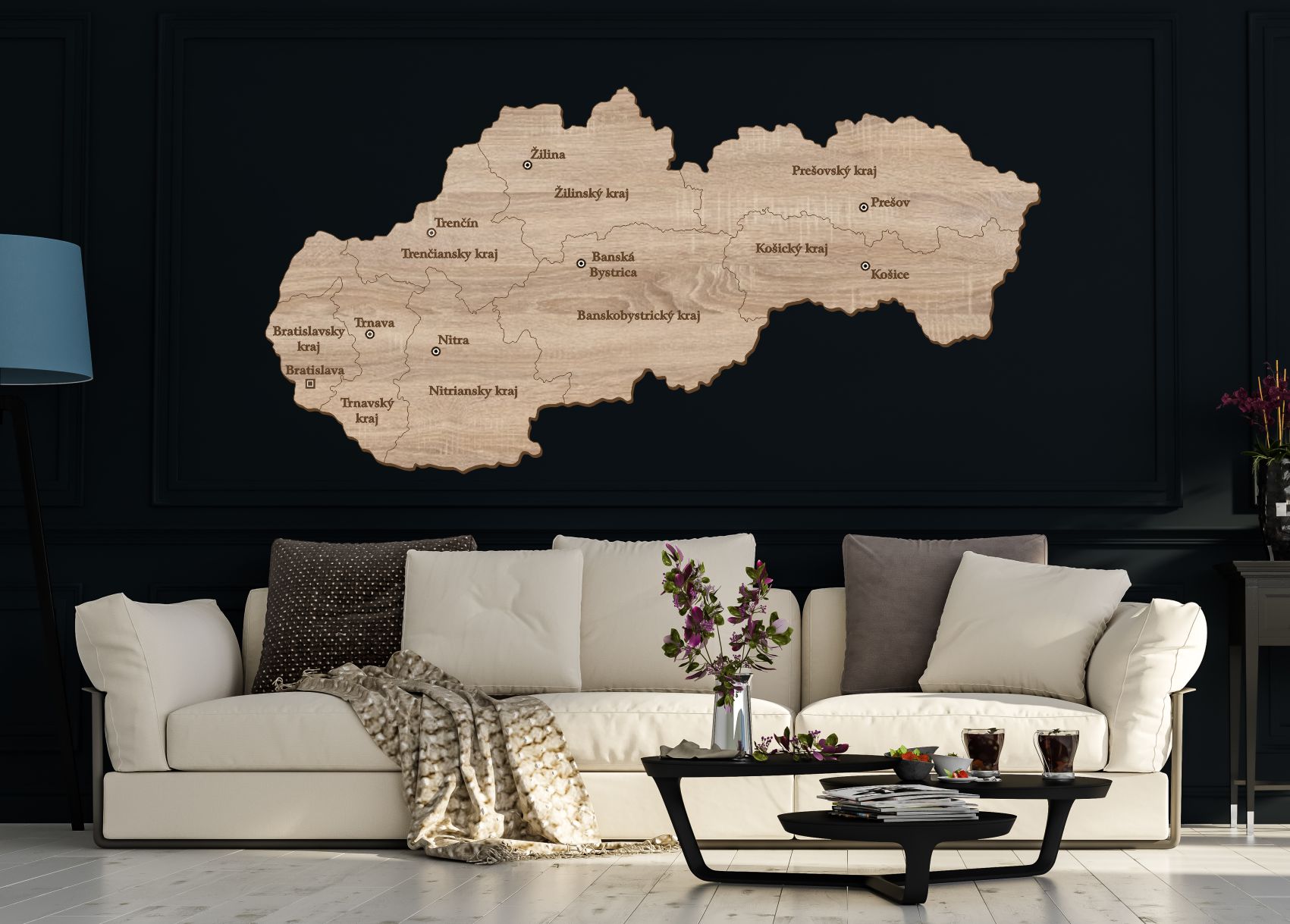 Drevená mapa Slovenska s krajmi