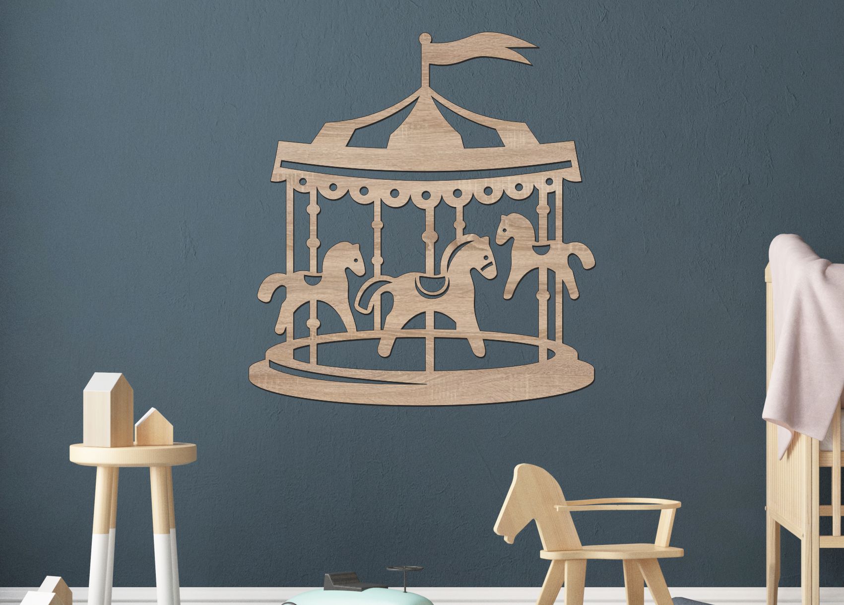 Drevený obrázok do detskej izby – Kolotoč s koníkmi