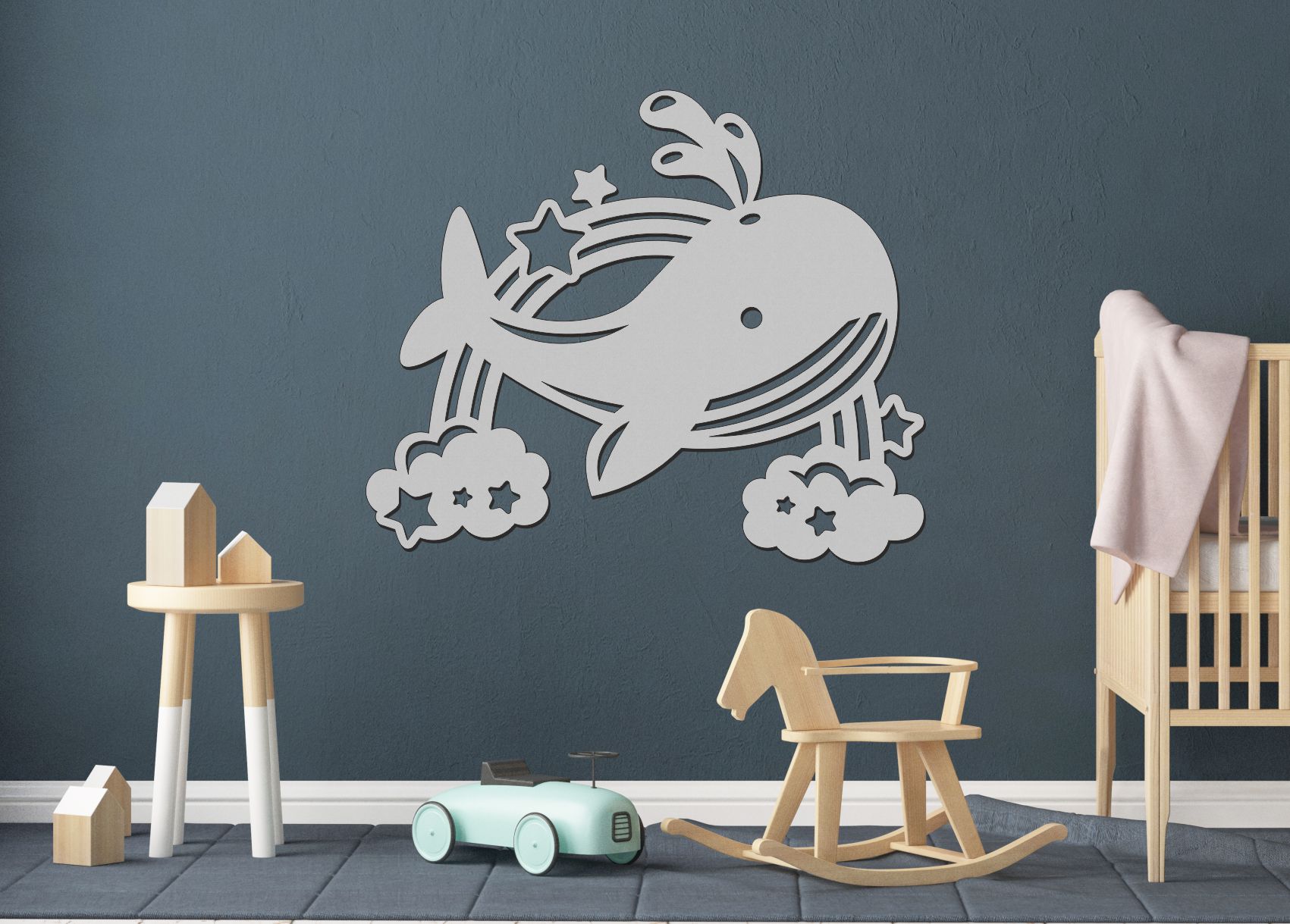 Drevený obrázok do detskej izby – Veľryba s dúhou