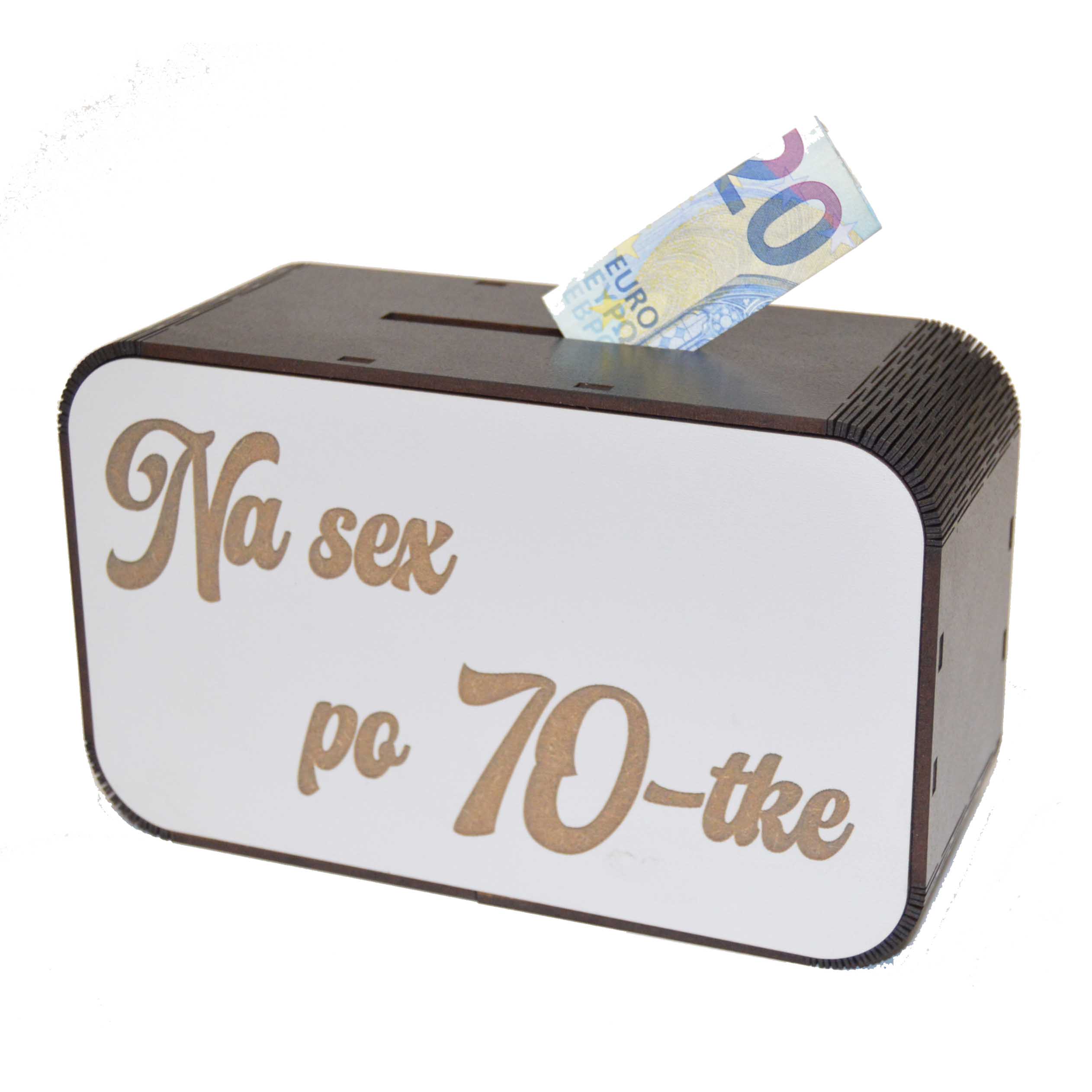 Drevená pokladnička s nápisom - Na sex po 70-tke