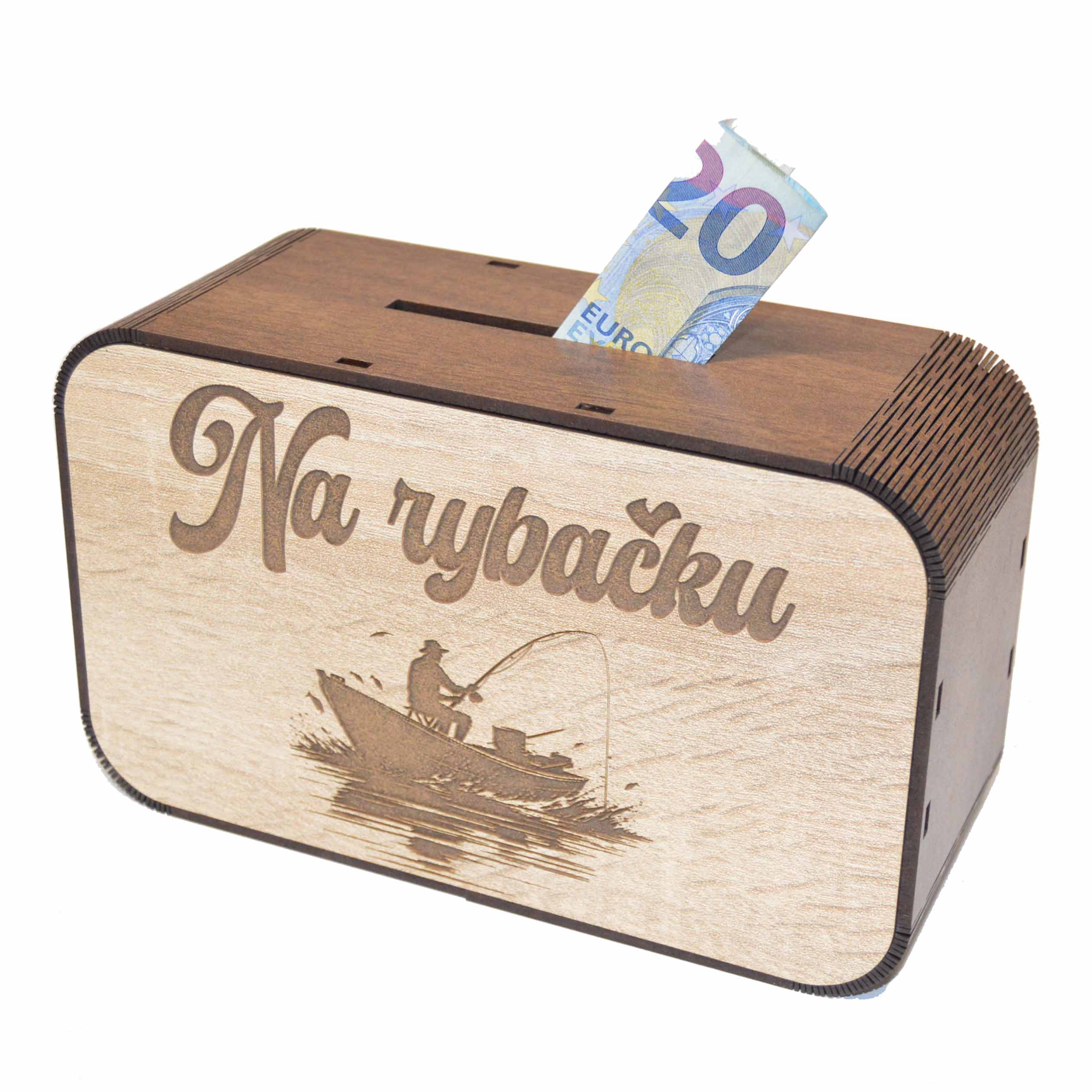 Drevená pokladnička s nápisom - Na rybačku