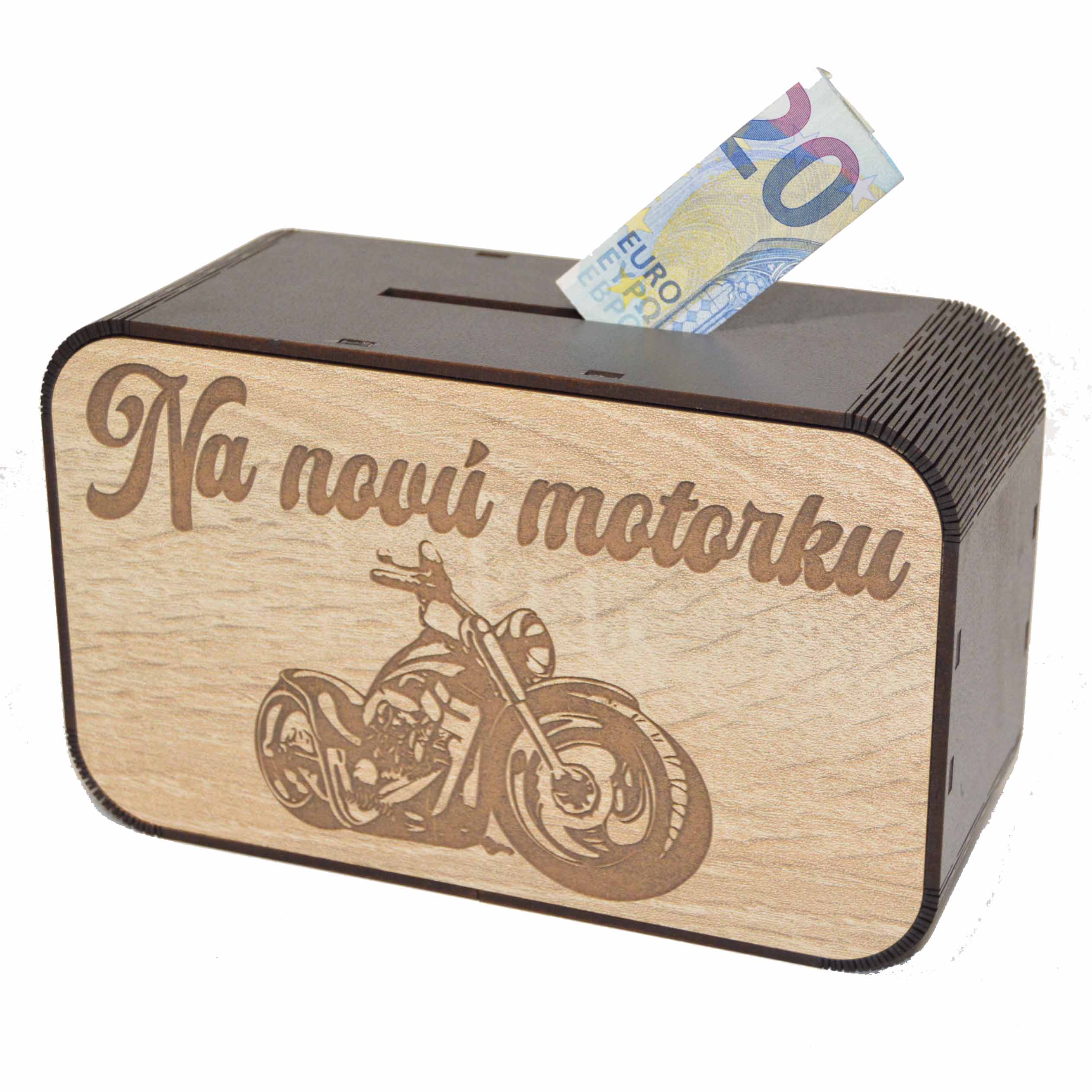 Drevená pokladnička s nápisom - Na novú motorku