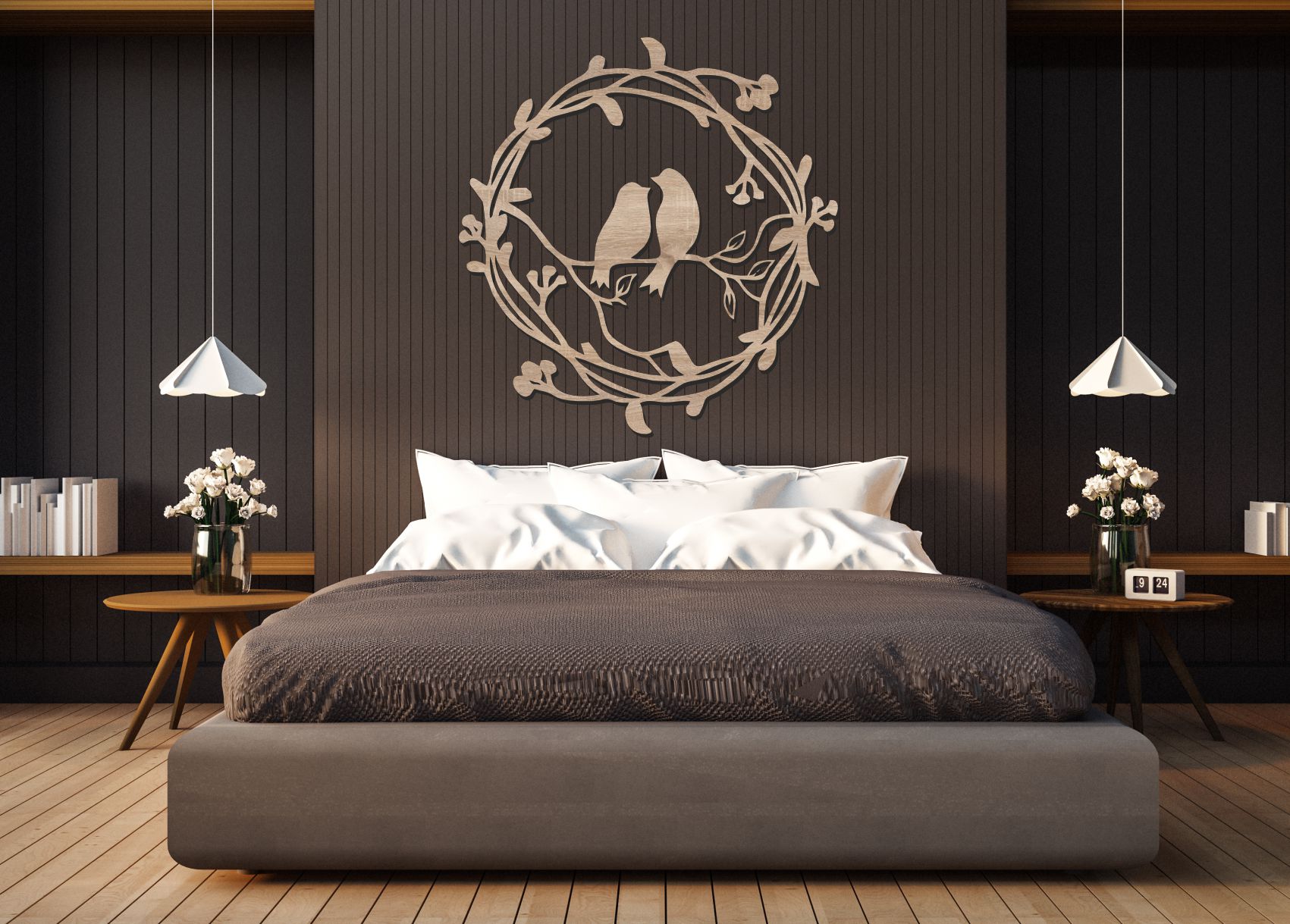 Drevený obraz – Vtáčiky v kruhu z konárikov