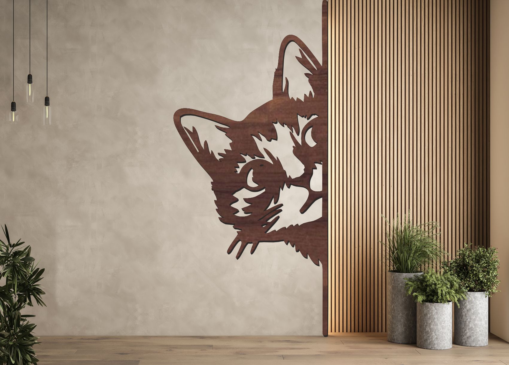 Drevený obraz – Mačka vykúkajúca spoza rohu