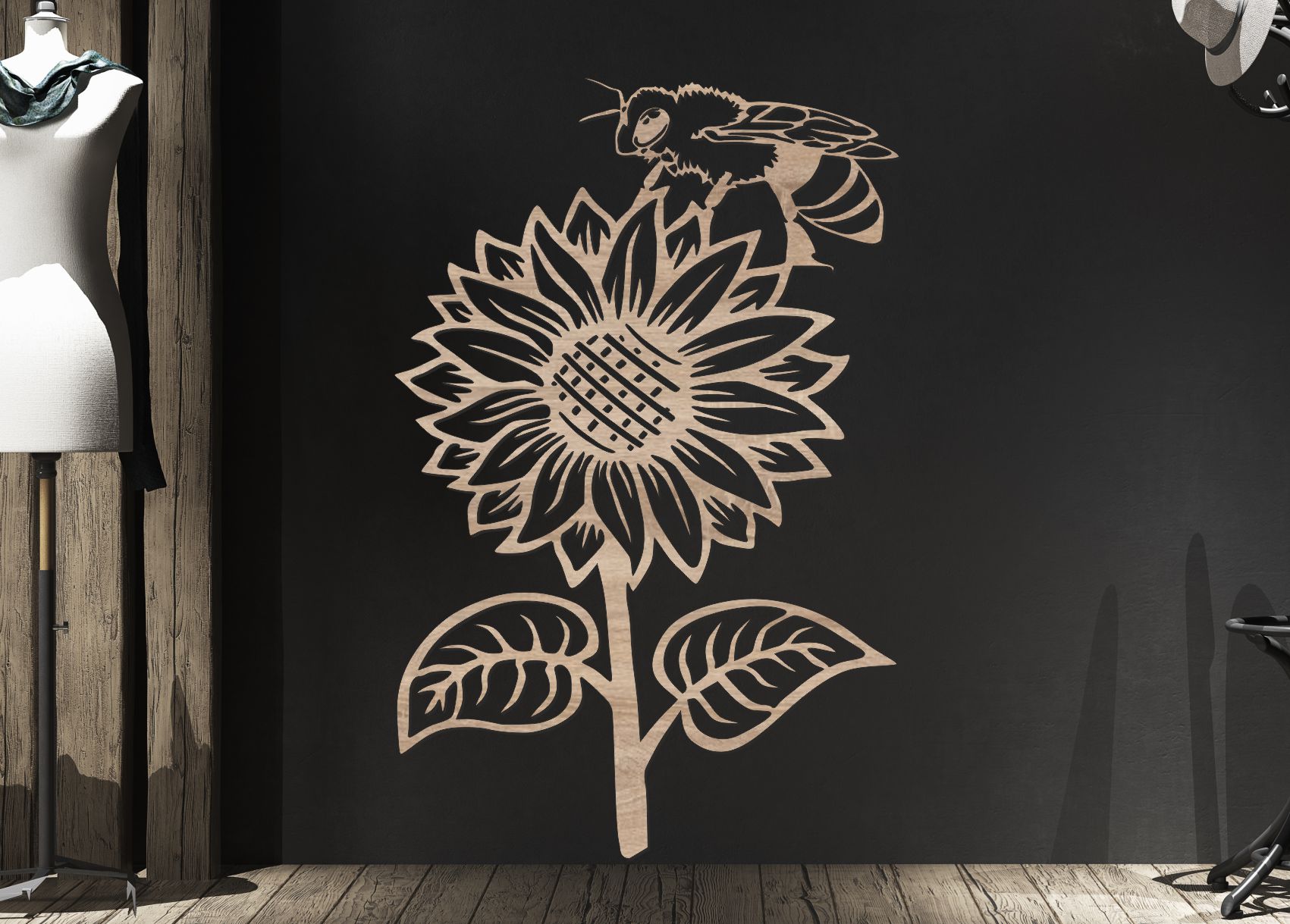 Drevený obraz – Slnečnica a včela