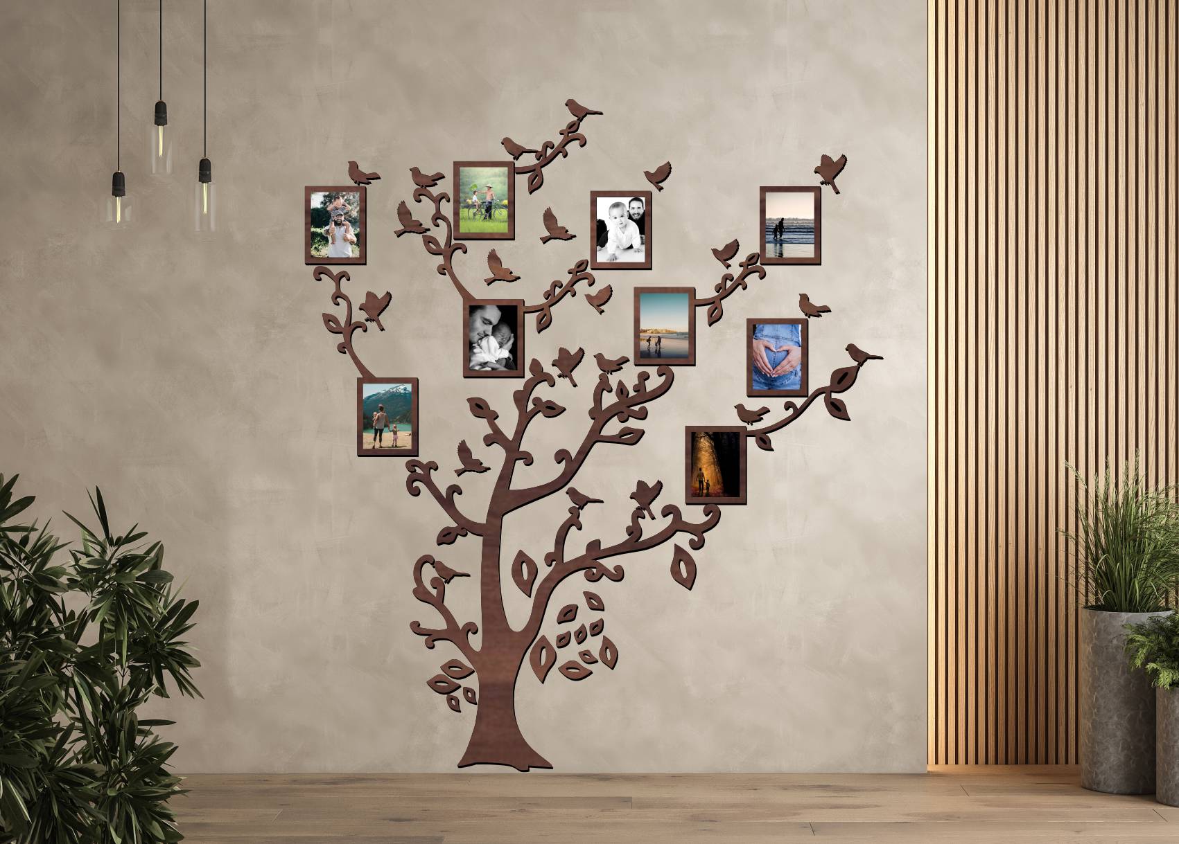 Drevený fotorámik na stenu – Rodinný strom s vtáčikmi