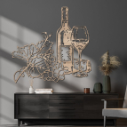 Vínový set – Fľaša a pohár vína – Drevený obraz na sten