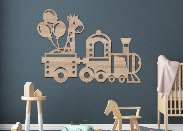 Drevený obrázok do detskej izby – Vláčik so žirafou
