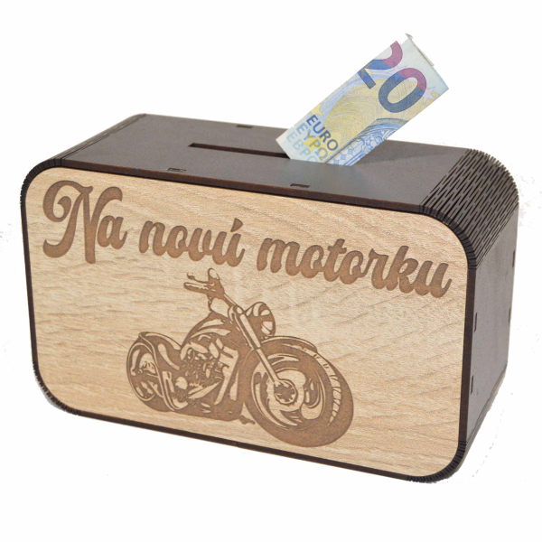 Drevená pokladnička s nápisom - Na novú motorku