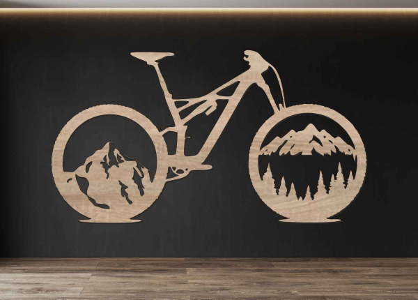 Drevený obraz na stenu – Bicykel s horami