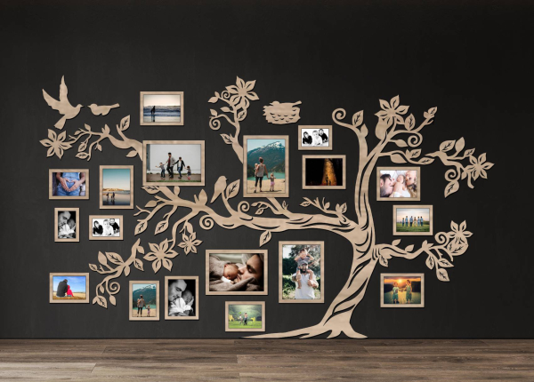 Drevený fotorámik na stenu – Rodinný strom s vtáčikmi a hniezdom