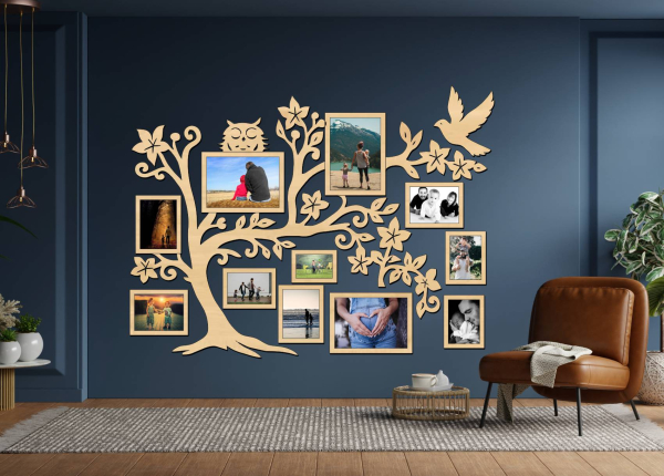 Drevený fotorámik na stenu – Rodinný strom so sovičkou a vtáčikom