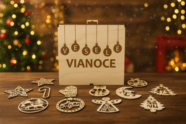 Drevené vianočné ozdoby v darčekovej krabičke – Veselé Vianoce (12 ks)