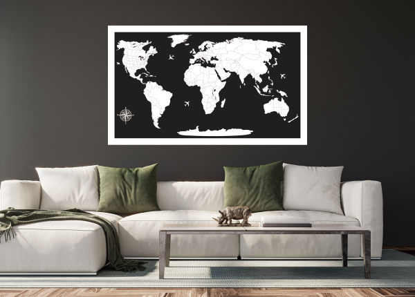 Drevená mapa sveta s rámom – 3D dizajn