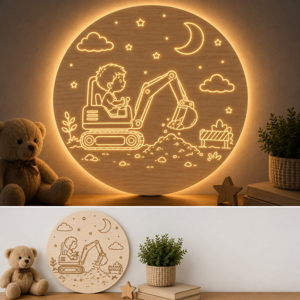 Detská LED lampa na stenu - Chlapec na bagri pod hviezdnou oblohou